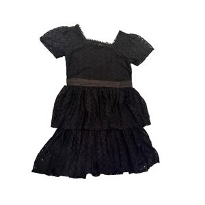 AQUA Girls Black Eyelet Tiered Puff Sleeve Dress Size 10/12